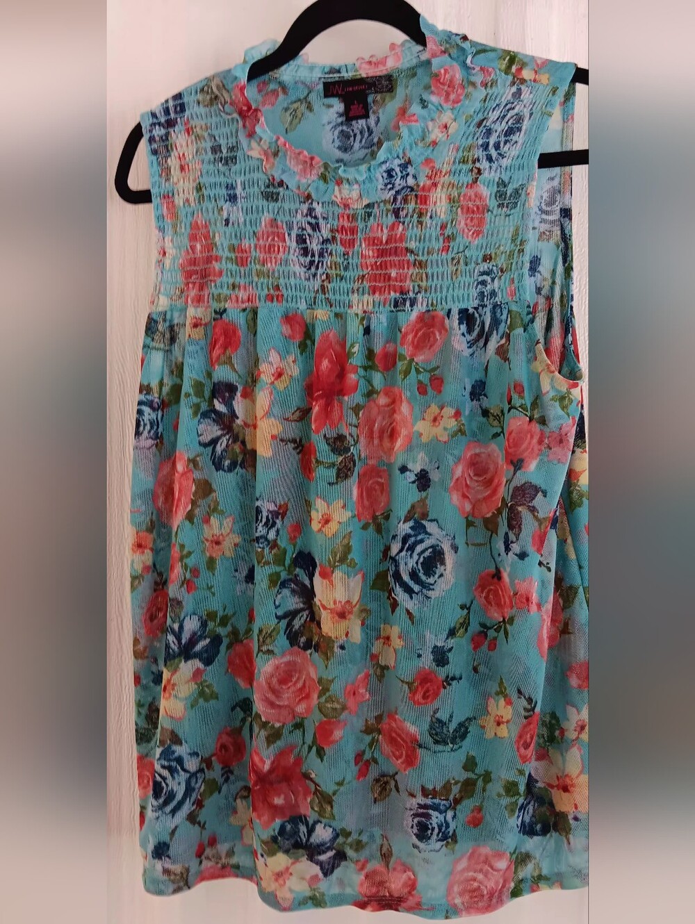 JW Style Floral Sleeveless Blouse With Front Rouching Aqua, Pink & Blue Roses